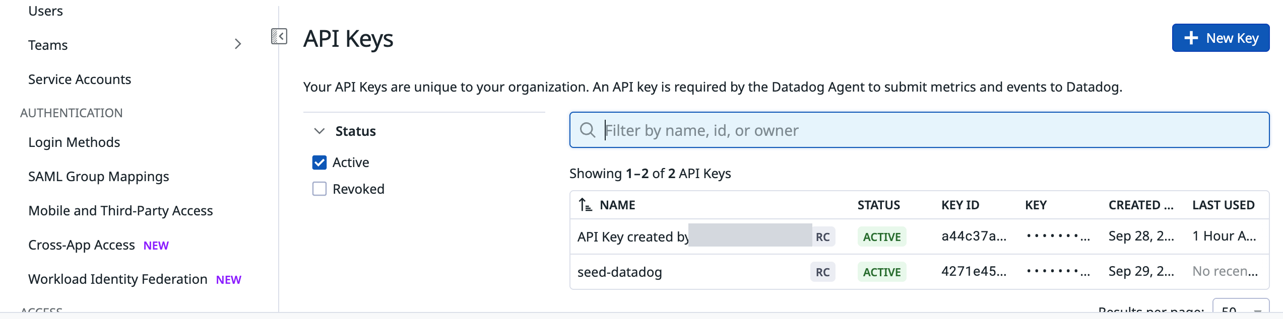 The Datadog API Keys list, with the + New Key button top-right