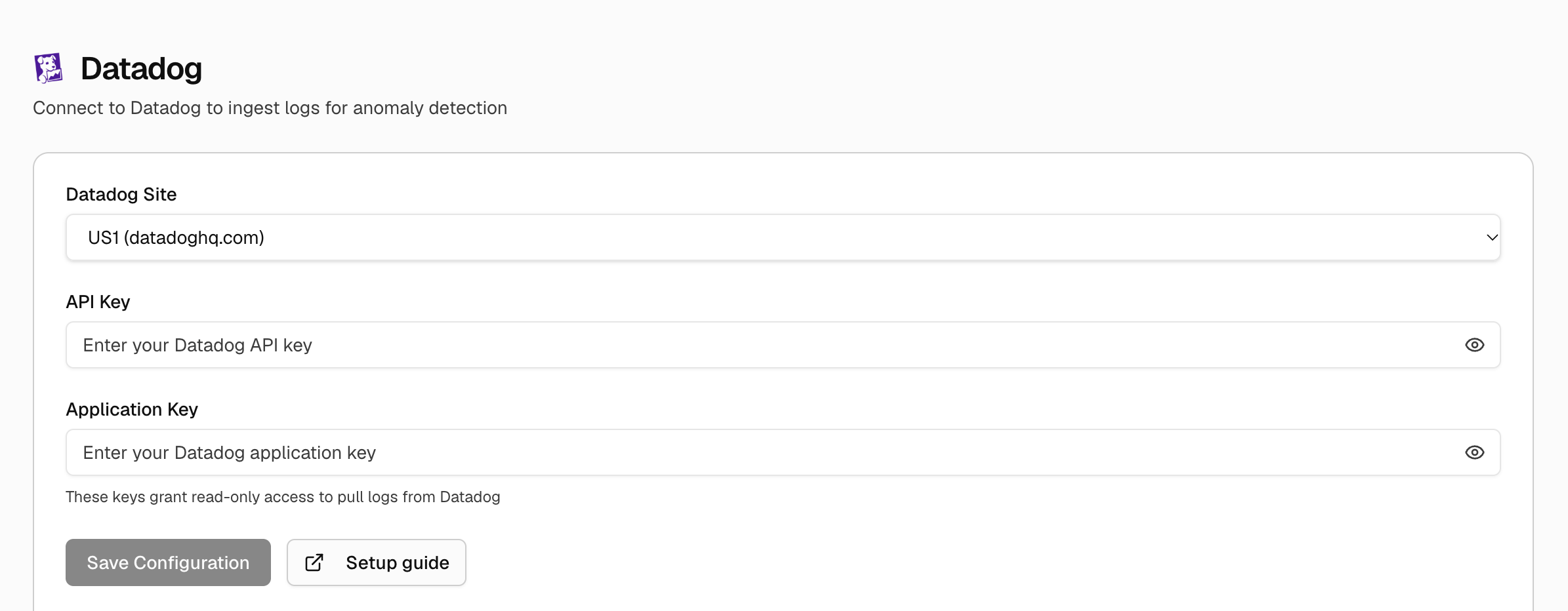 The Rocketgraph Datasources Datadog form: Site, API Key and Application Key